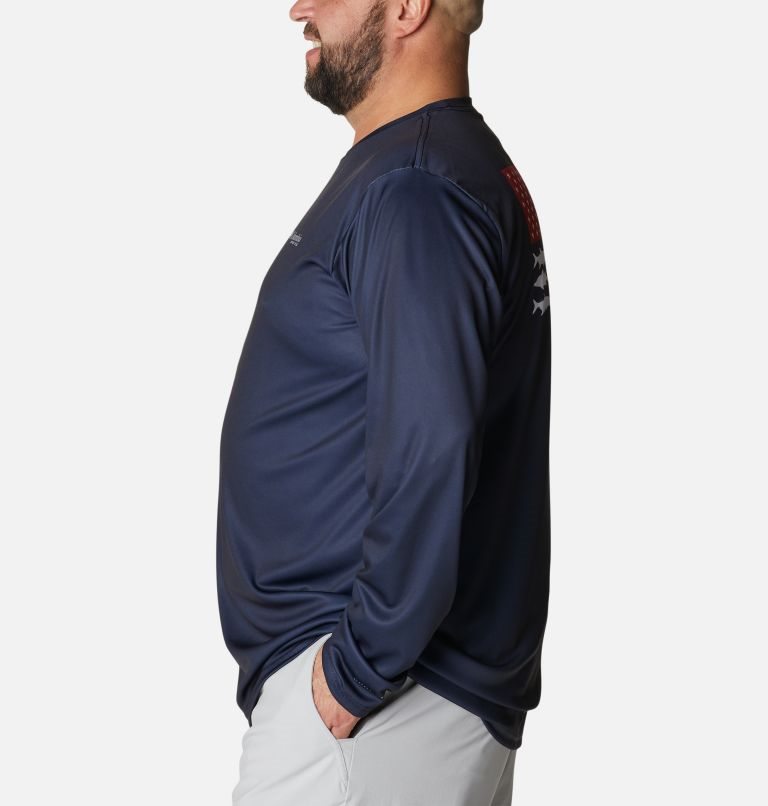 Men's Columbia PFG Terminal Tackle Fish Flag Long Sleeve Sweatshirts Navy | Plus Size CA-AAL31